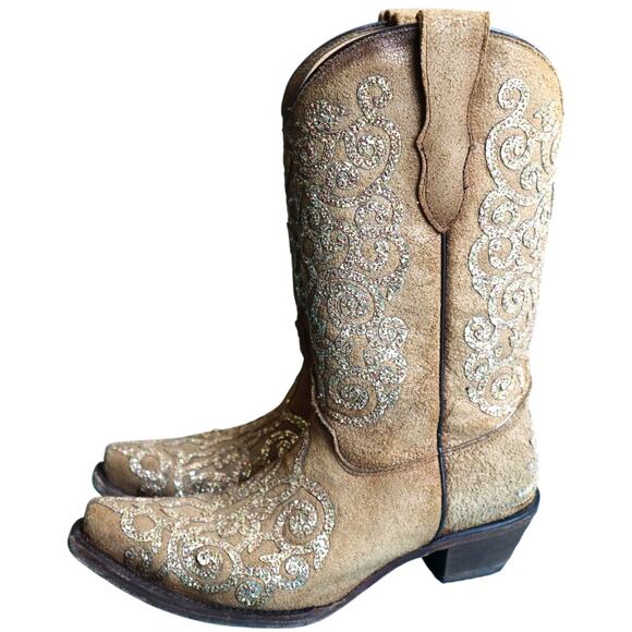 Corral Teen Tan Leather Boots Embroidered Gold Glitter 5 T Western Womens 7 - Picture 1 of 9